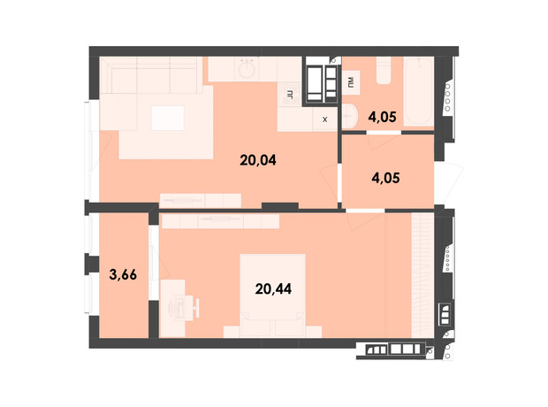 ЖК River City: планировка 1-комнатной квартиры 52.24 м²
