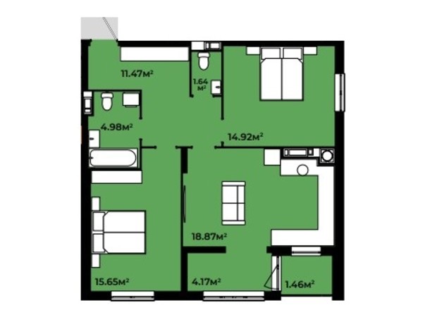 Жилой квартал Continent: планировка 2-комнатной квартиры 71.72 м²