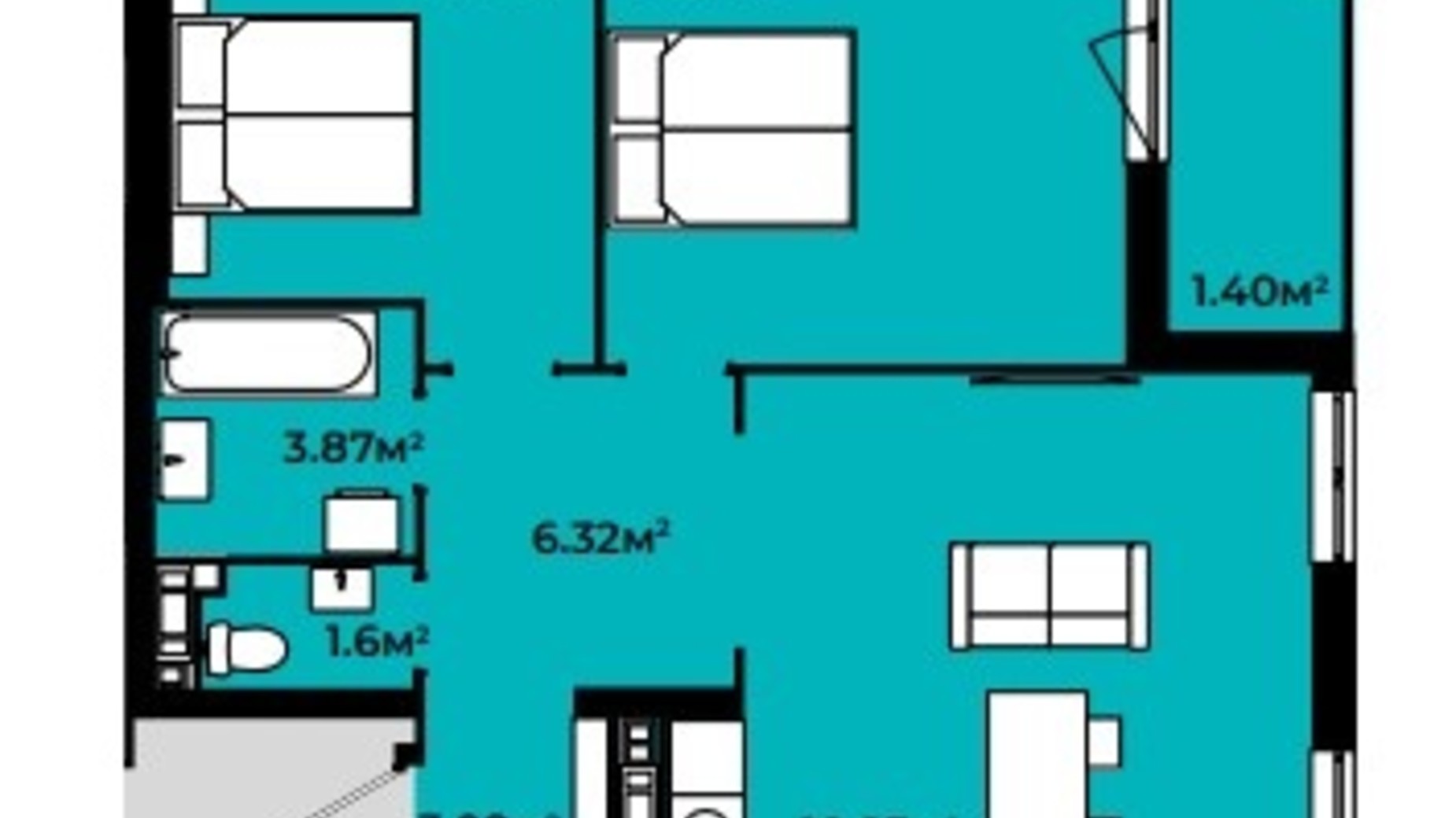 Планування 2-кімнатної квартири в Житловий квартал Continent 64.47 м², фото 321754
