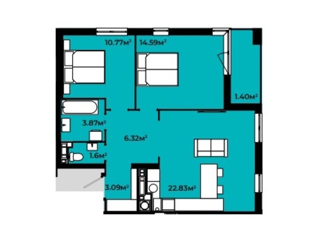 Жилой квартал Continent: планировка 2-комнатной квартиры 64.47 м²