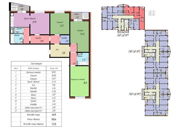 ЖК Затишний: планування 3-кімнатної квартири 113.3 м²
