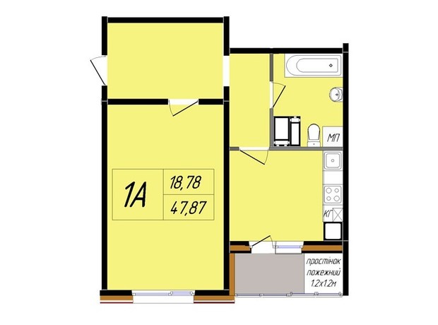 ЖК Затишний: планування 1-кімнатної квартири 47.36 м²