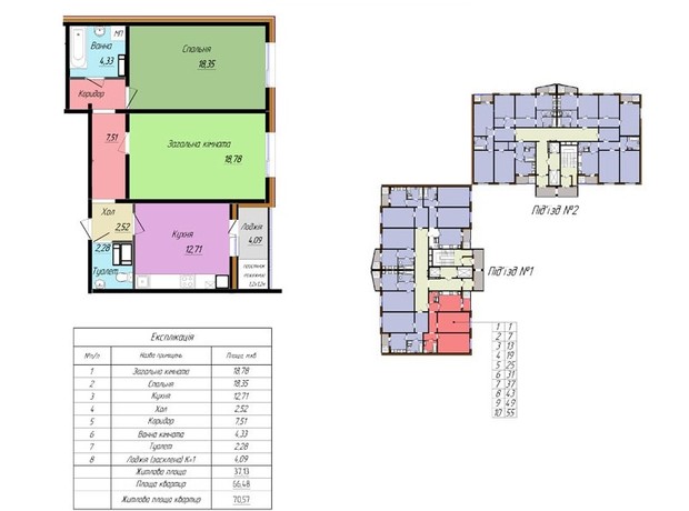 ЖК Затишний: планування 2-кімнатної квартири 70.57 м²