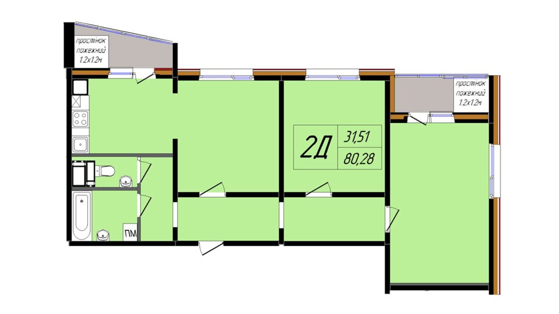 Планировка 2-комнатной квартиры в ЖК Уютный 80.28 м², фото 321803