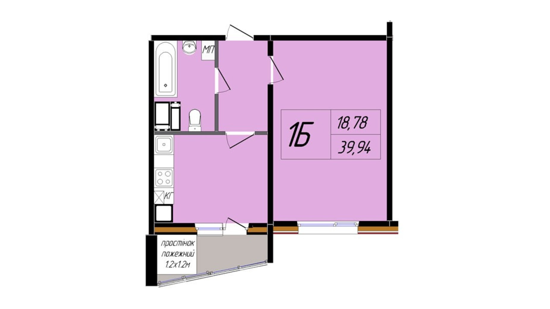 Планування 1-кімнатної квартири в ЖК Затишний 39.94 м², фото 321808