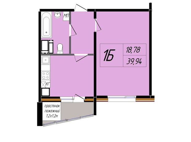 ЖК Затишний: планування 1-кімнатної квартири 39.94 м²