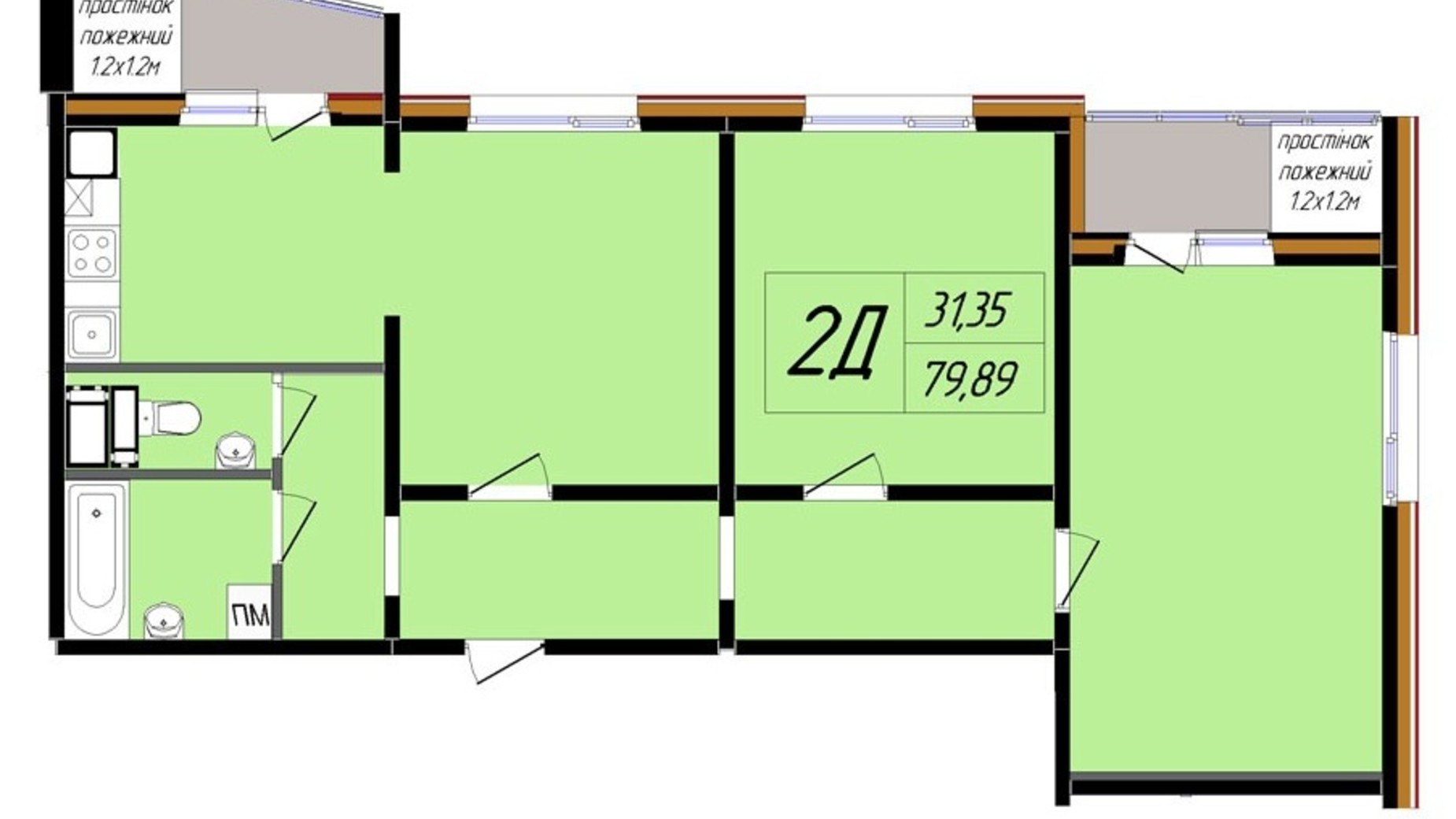 Планування 2-кімнатної квартири в ЖК Затишний 80.28 м², фото 321827