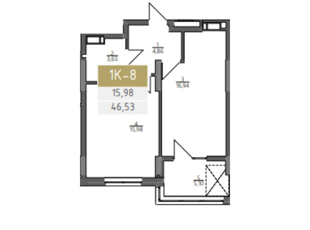 ЖК Liberty Gardens: планировка 1-комнатной квартиры 46.53 м²