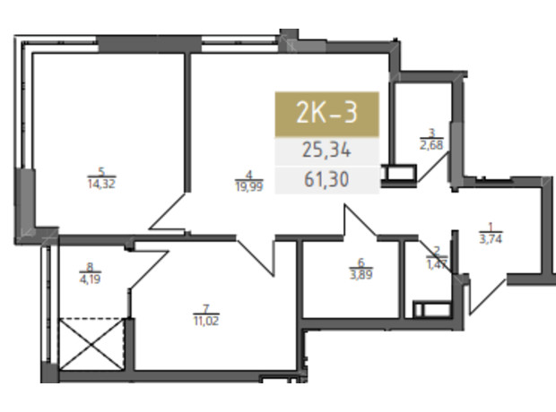 ЖК Liberty Gardens: планування 2-кімнатної квартири 61.3 м²