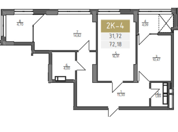 ЖК Liberty Gardens: планировка 2-комнатной квартиры 72.18 м²