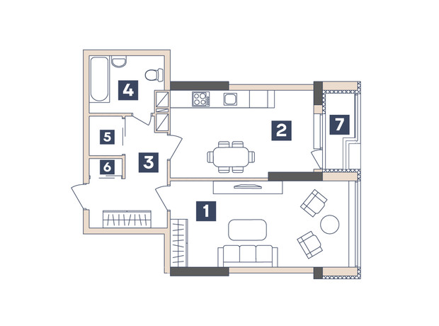 ЖК Central: планування 1-кімнатної квартири 48.86 м²