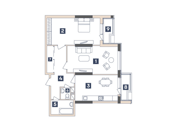 ЖК Central: планировка 2-комнатной квартиры 73.3 м²