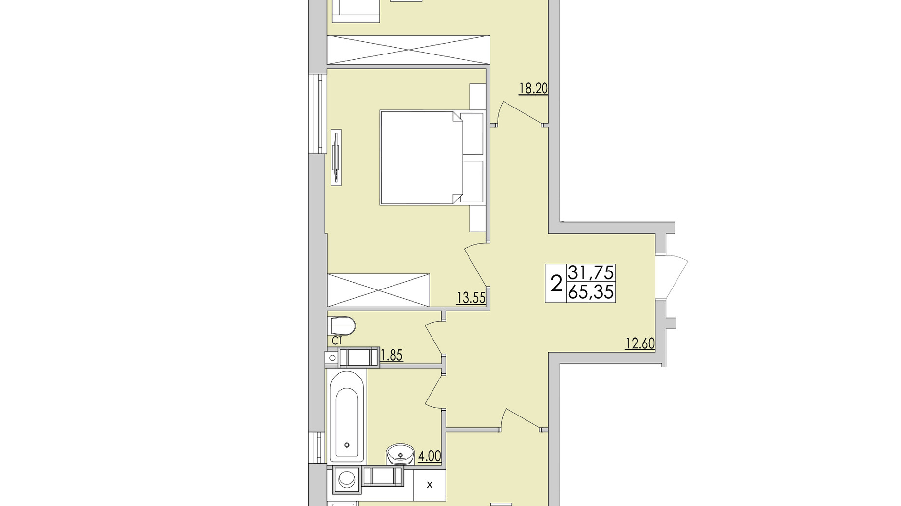 Планировка 2-комнатной квартиры в ЖК Кемпинг 65.35 м², фото 322178