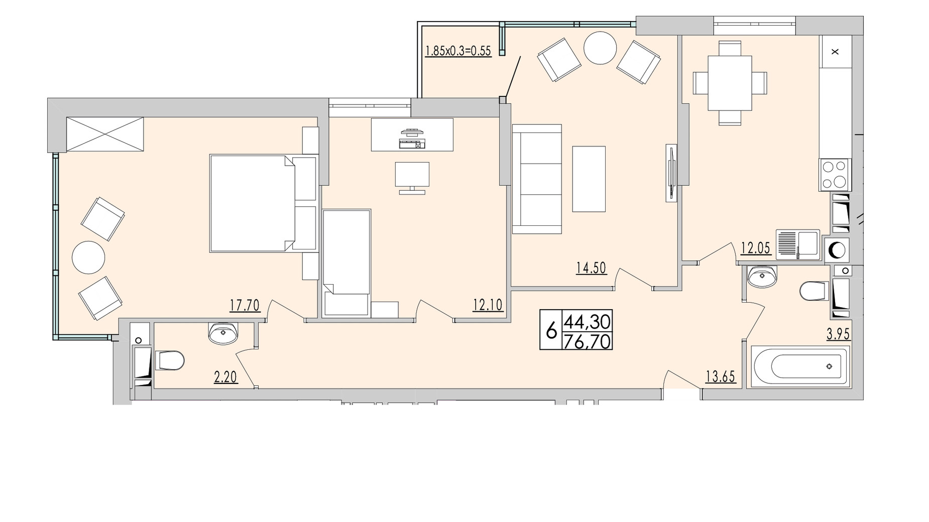 Планировка 3-комнатной квартиры в ЖК Кемпинг 76.7 м², фото 322192