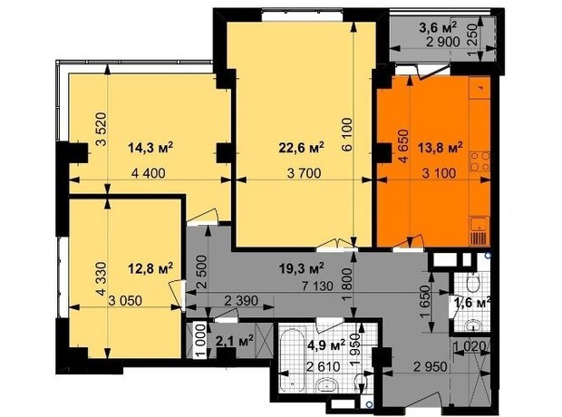 ЖК Графика: планировка 3-комнатной квартиры 93.2 м²