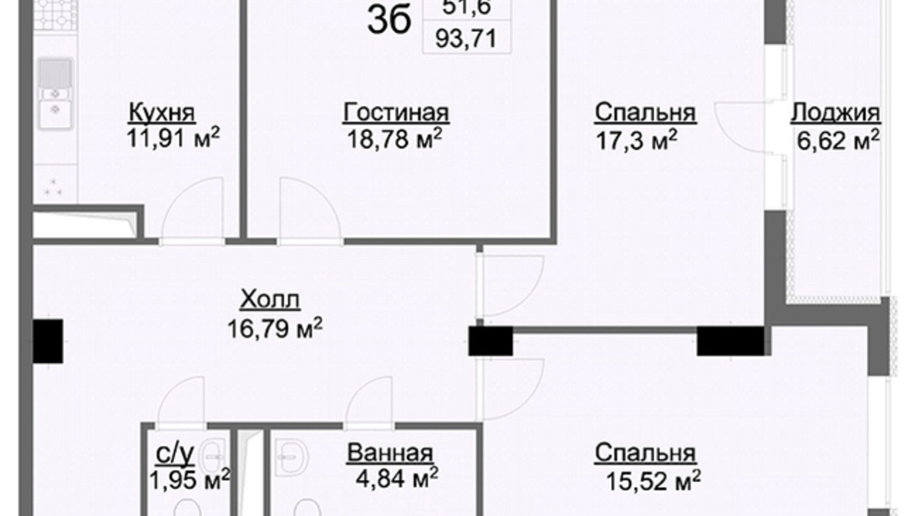 Планировка 3-комнатной квартиры в ЖК Журавли 92 м², фото 322220