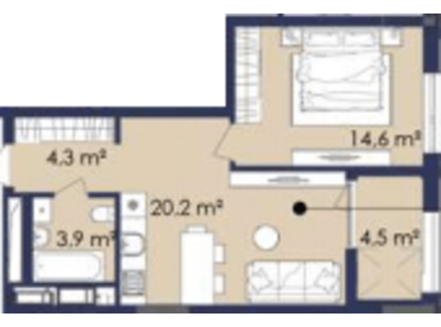 ЖК Centower: планування 1-кімнатної квартири 45.3 м²