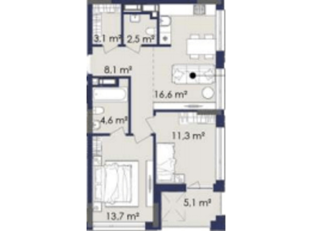 ЖК Centower: планування 2-кімнатної квартири 62.4 м²