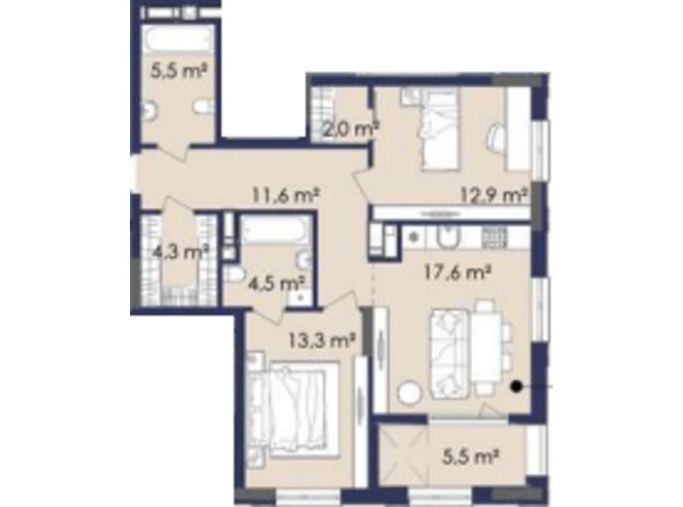 ЖК Centower: планировка 2-комнатной квартиры 77.2 м²