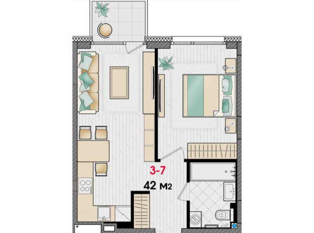 ЖК Manhattan: планировка 1-комнатной квартиры 42 м²