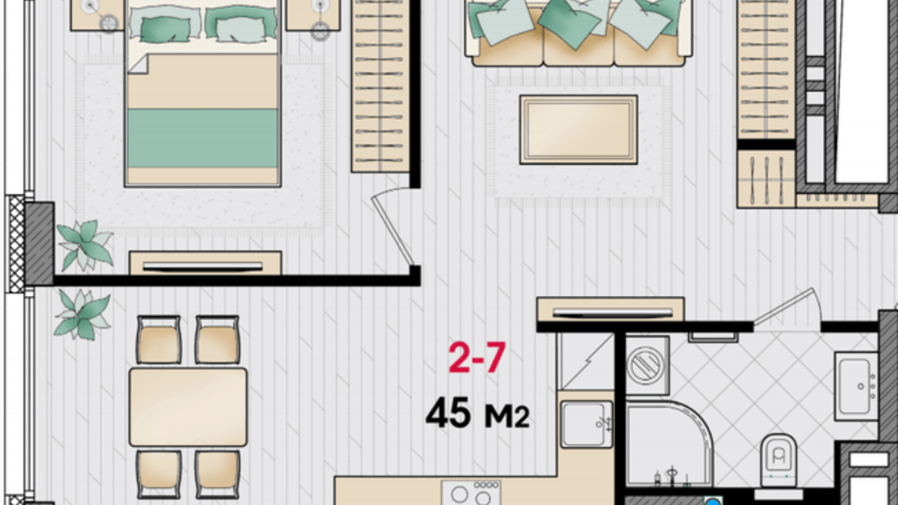 Планування 1-кімнатної квартири в ЖК Manhattan 45 м², фото 322548