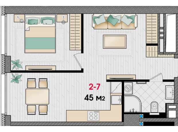 ЖК Manhattan: планування 1-кімнатної квартири 45 м²