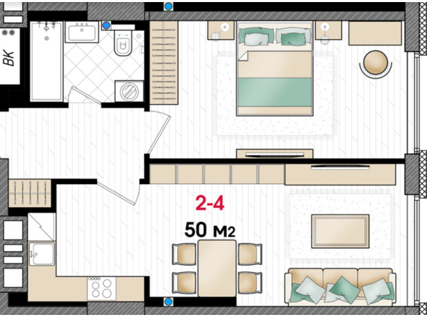 ЖК Manhattan: планировка 1-комнатной квартиры 50 м²