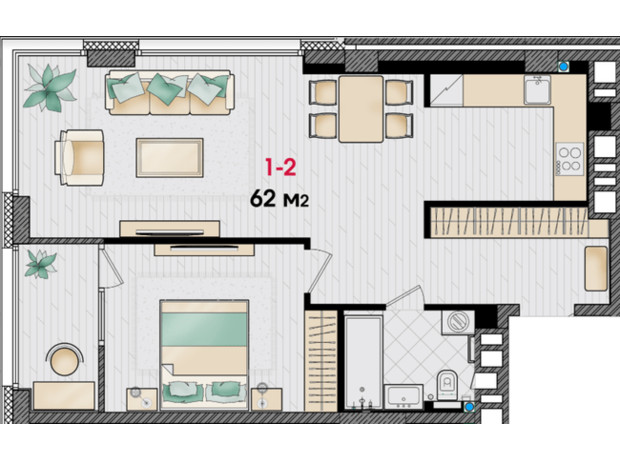 ЖК Manhattan: планировка 1-комнатной квартиры 62 м²