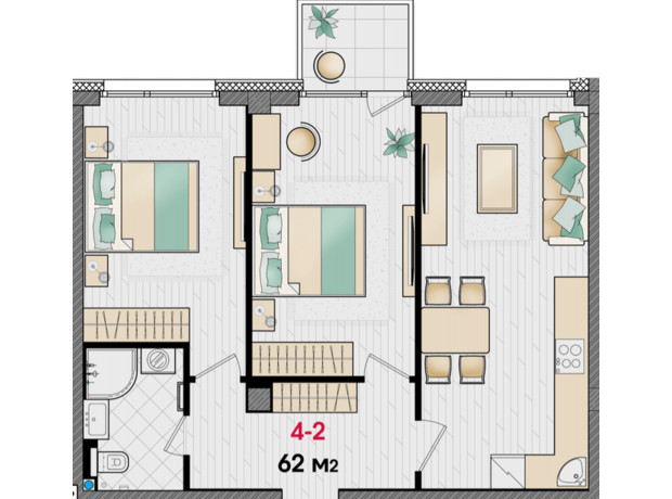 ЖК Manhattan: планировка 2-комнатной квартиры 62 м²