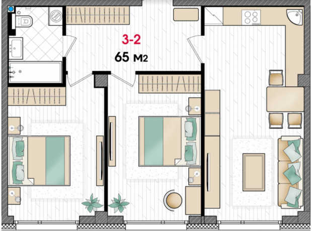 ЖК Manhattan: планировка 2-комнатной квартиры 65 м²