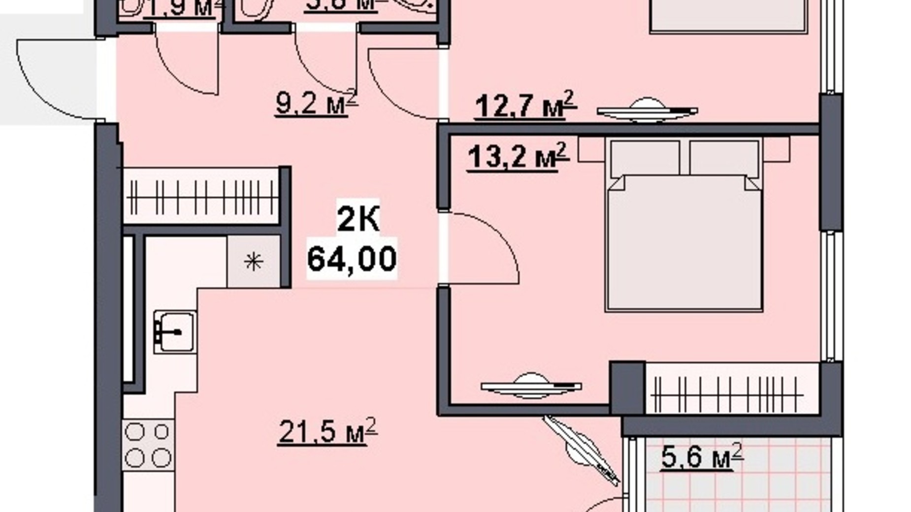 Планування 2-кімнатної квартири в ЖК вул. Лемківська, 3 64 м², фото 322632