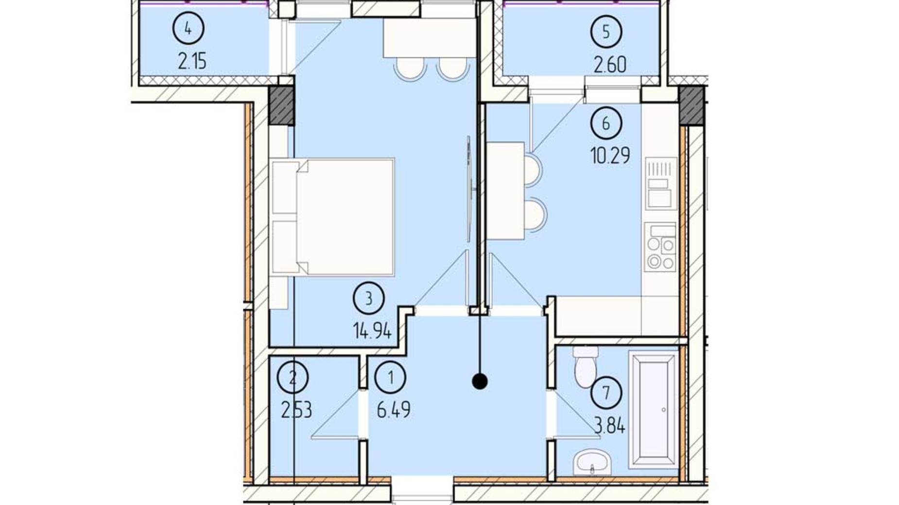 Планування 1-кімнатної квартири в ЖК Престиж 44.8 м², фото 322930