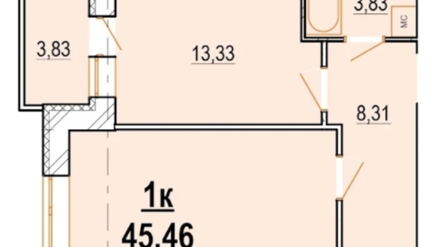 Планировка 1-комнатной квартиры в ЖК Manhattan 45.46 м², фото 323048