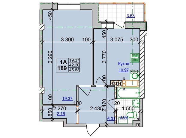 ЖК Спортивний: планування 1-кімнатної квартири 45.83 м²