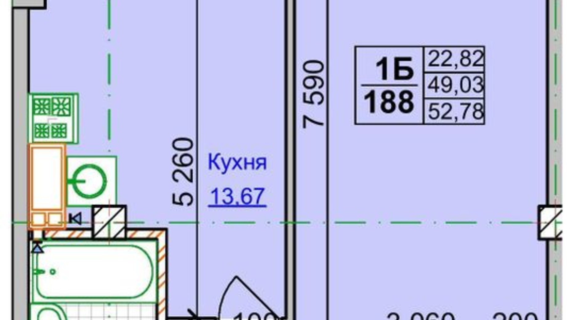 Планування 1-кімнатної квартири в ЖК Спортивний 52.78 м², фото 323263