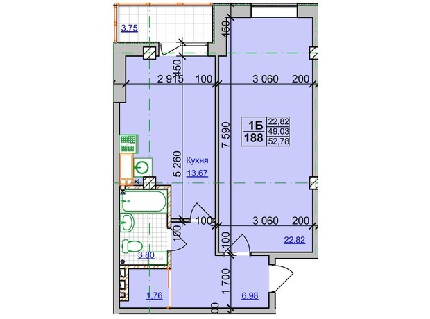ЖК Спортивний: планування 1-кімнатної квартири 52.78 м²
