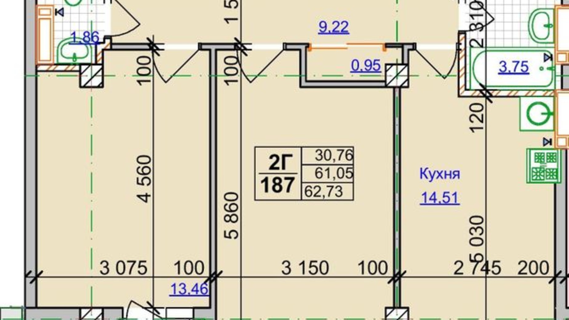 Планування 2-кімнатної квартири в ЖК Спортивний 62.73 м², фото 323264