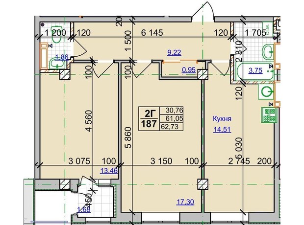 ЖК Спортивний: планування 2-кімнатної квартири 62.73 м²