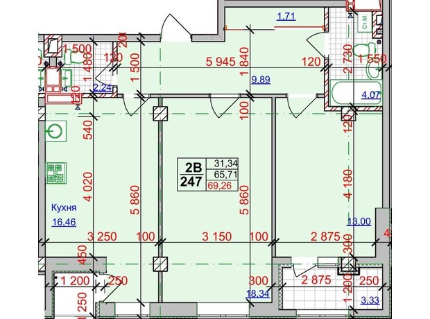 ЖК Спортивный: планировка 2-комнатной квартиры 69.26 м²