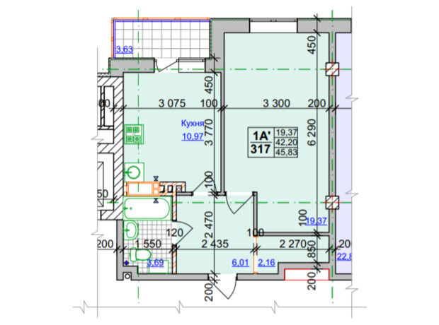 ЖК Спортивный: планировка 1-комнатной квартиры 45.83 м²