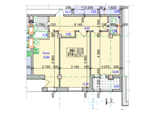 ЖК Спортивний: планування 2-кімнатної квартири 62.76 м²