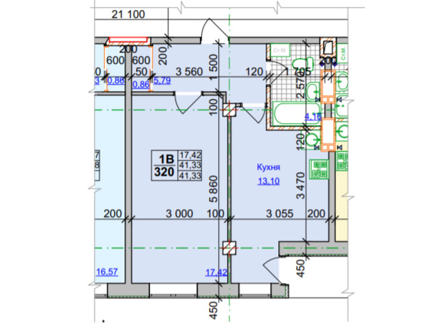 ЖК Спортивный: планировка 1-комнатной квартиры 41.33 м²