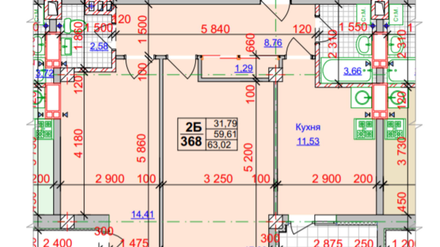 Планування 2-кімнатної квартири в ЖК Спортивний 63.02 м², фото 323321