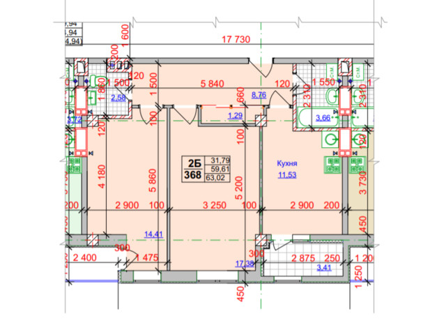 ЖК Спортивный: планировка 2-комнатной квартиры 63.02 м²