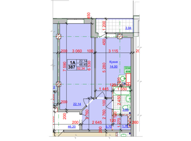 ЖК Спортивний: планування 1-кімнатної квартири 52.34 м²