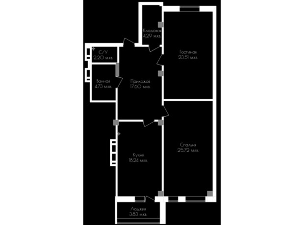 ЖК Континенталь на Валентиновской: планировка 2-комнатной квартиры 99.65 м²