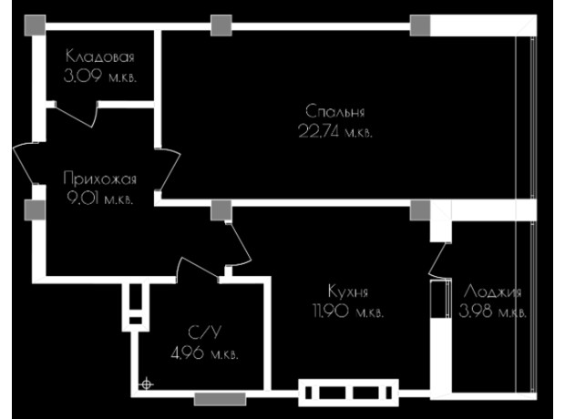 ЖК Континенталь на Валентиновской: планировка 1-комнатной квартиры 55.5 м²