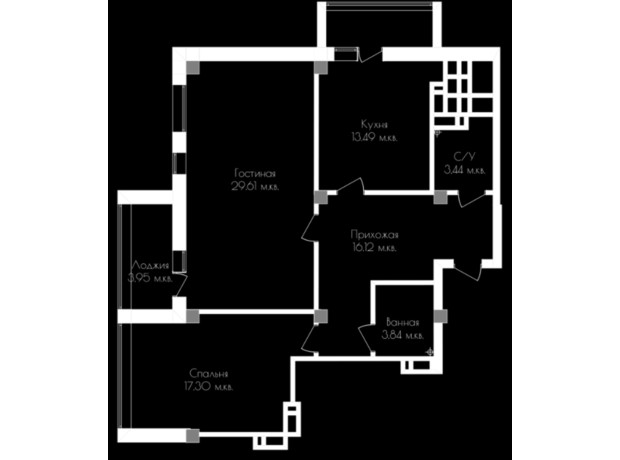 ЖК Континенталь на Валентиновской: планировка 2-комнатной квартиры 91.54 м²