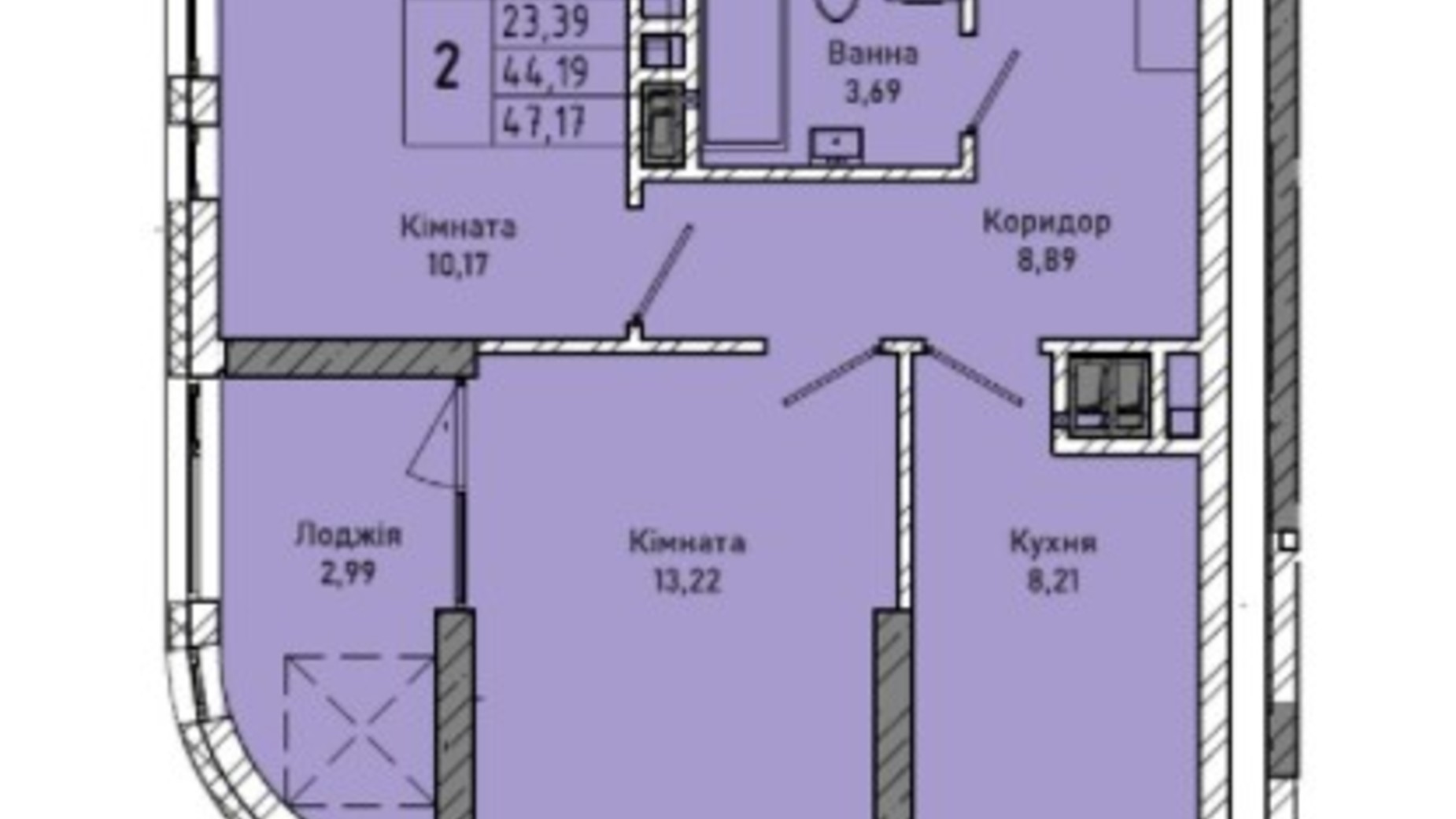 Планировка 2-комнатной квартиры в ЖК ул. Миколайчука, 38 47.17 м², фото 323453