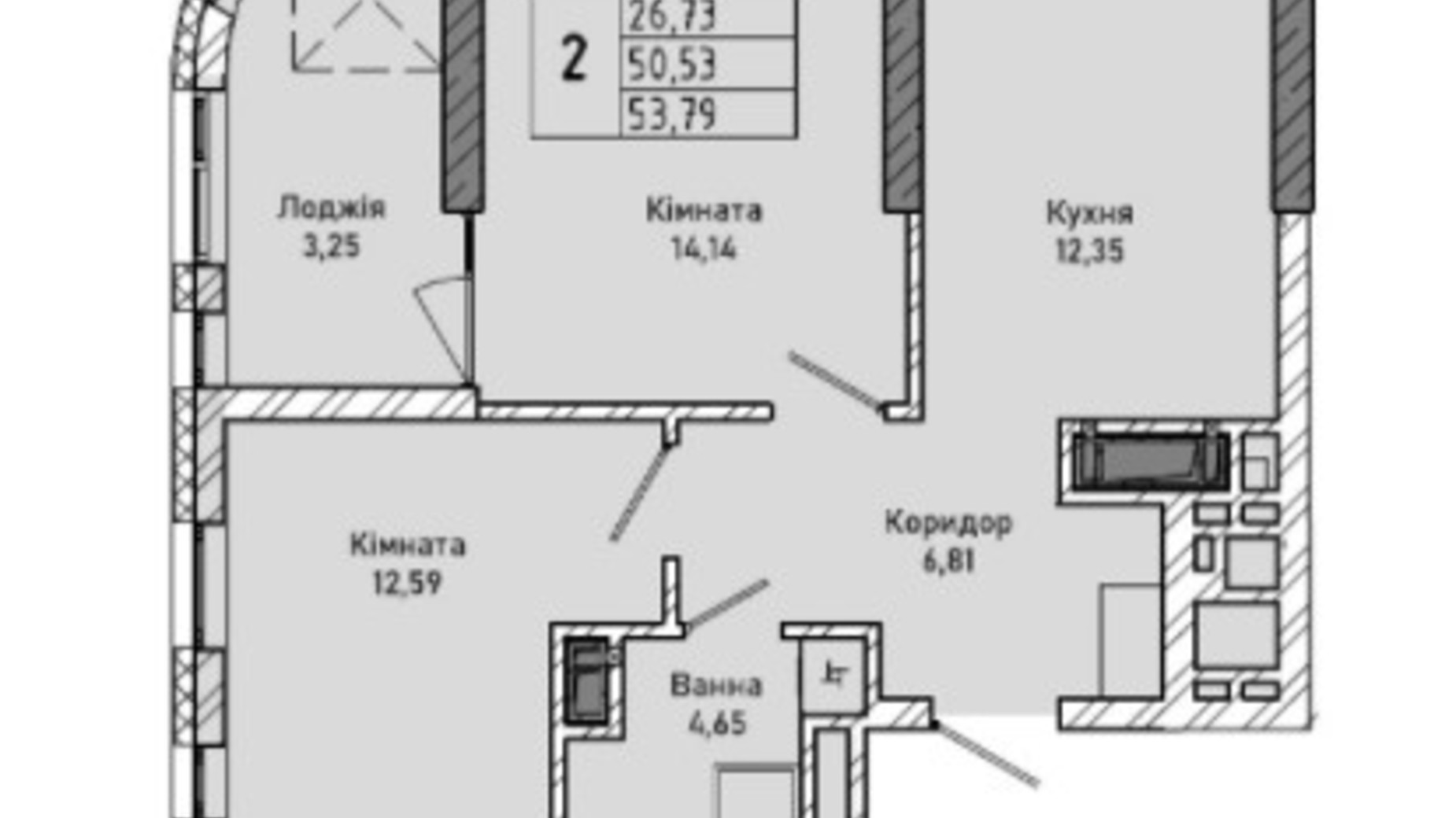 Планировка 2-комнатной квартиры в ЖК ул. Миколайчука, 38 53.79 м², фото 323454